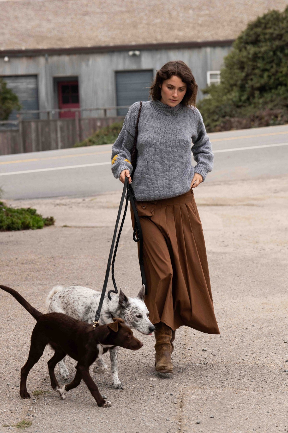 Banjo Blue hand-knit dog sweater by Made by Minga, worn walking two dogs on leashes