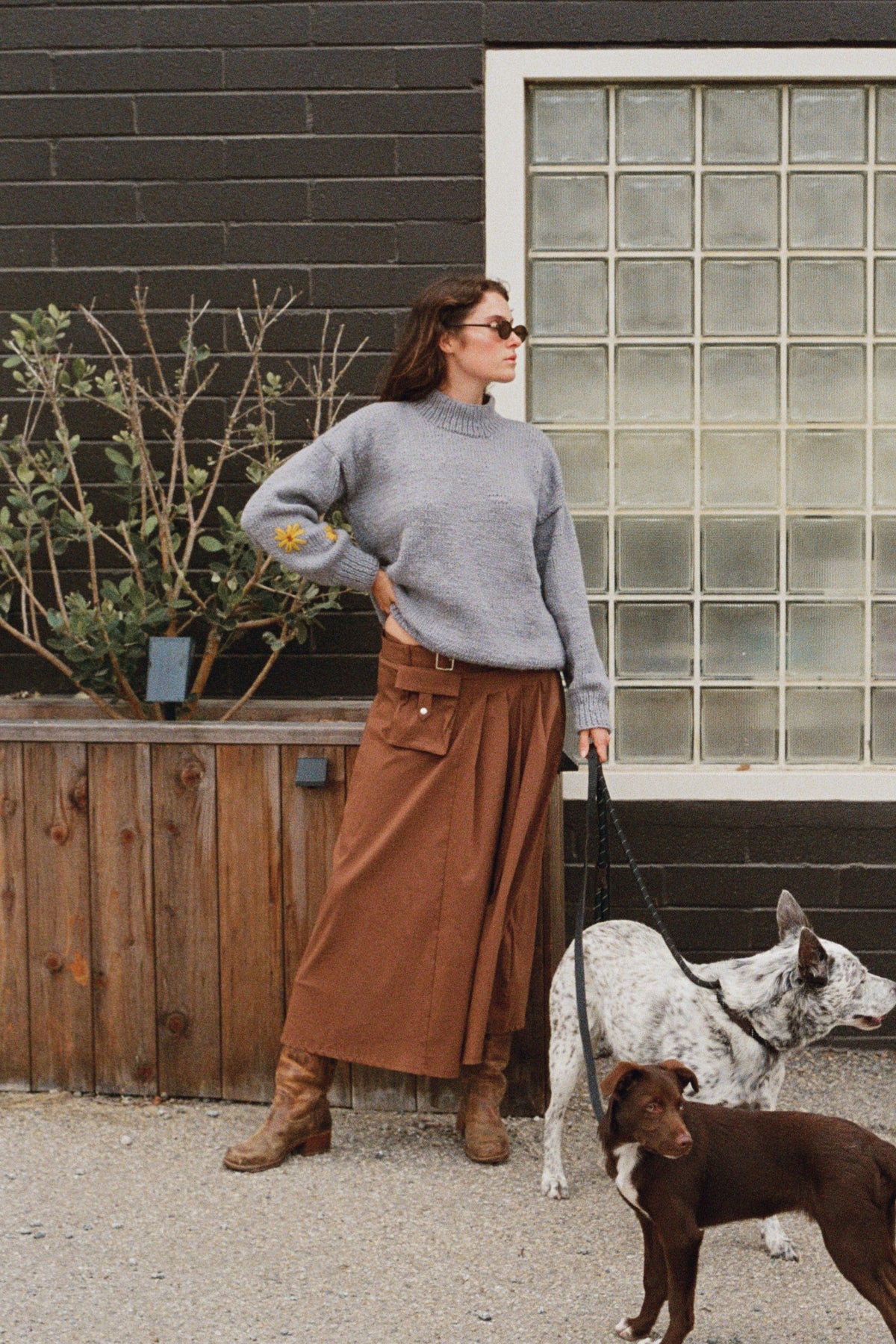 Banjo Blue Best Buds sweater by Made by Minga worn with a brown skirt, standing with two dogs