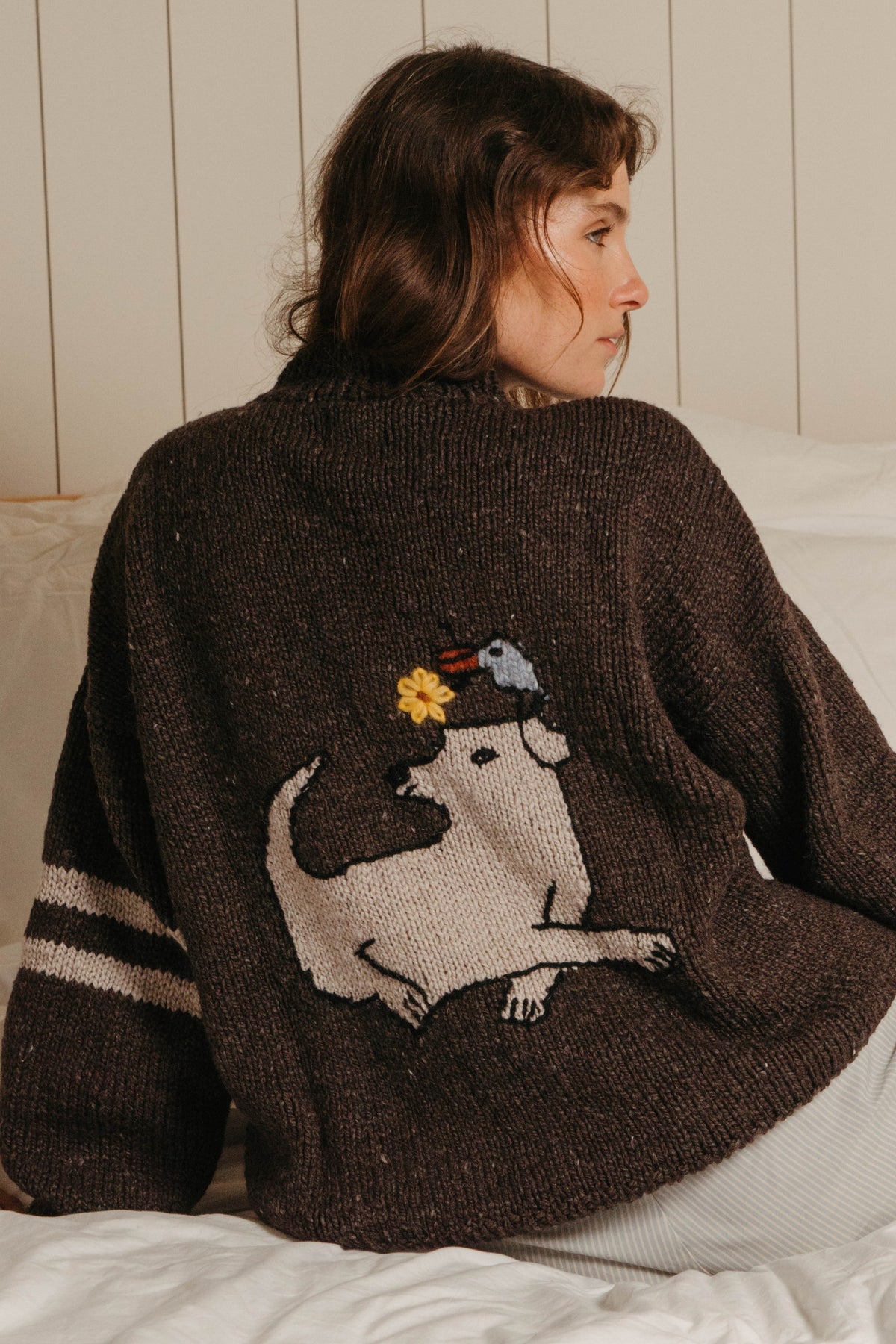 Close view of the Buster Brown artisan-made sweater back, cream knit dog with a bird on its head and sleeve stripes