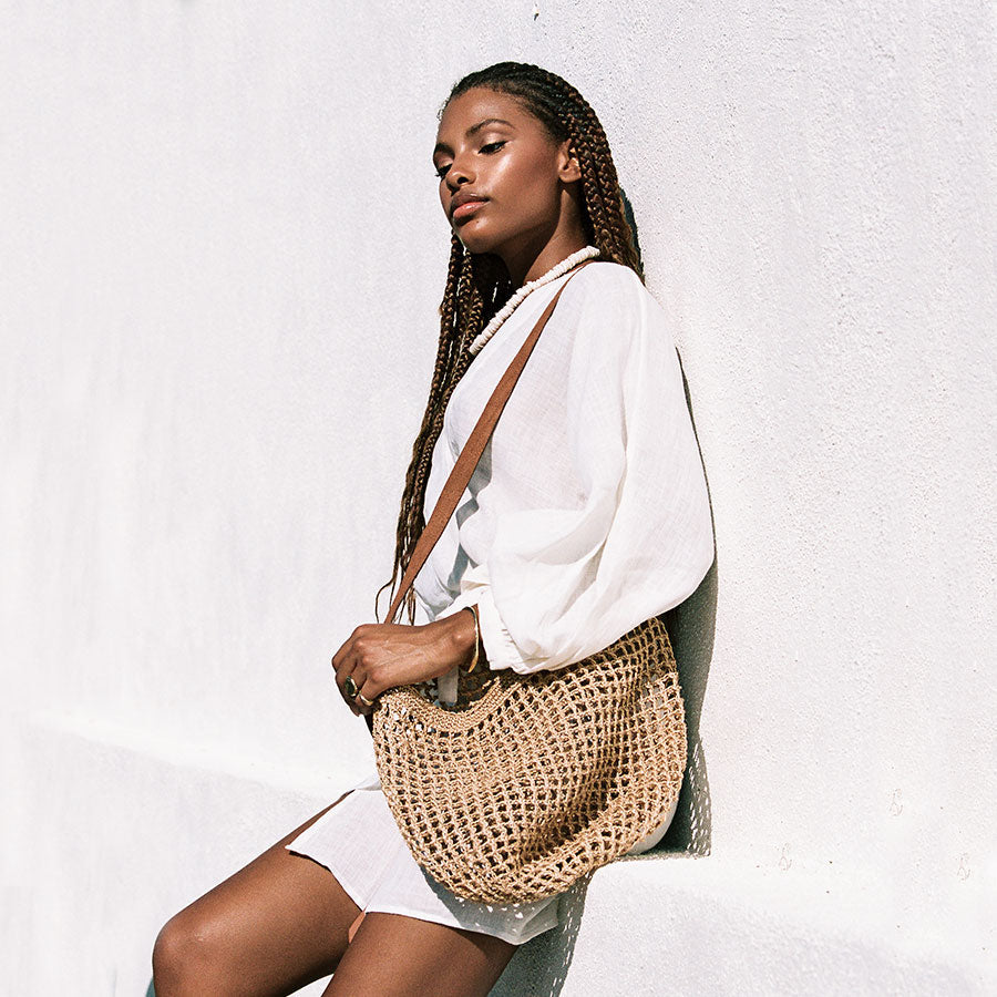 Maria Woven Market Bag | Leather Strap Made by Minga