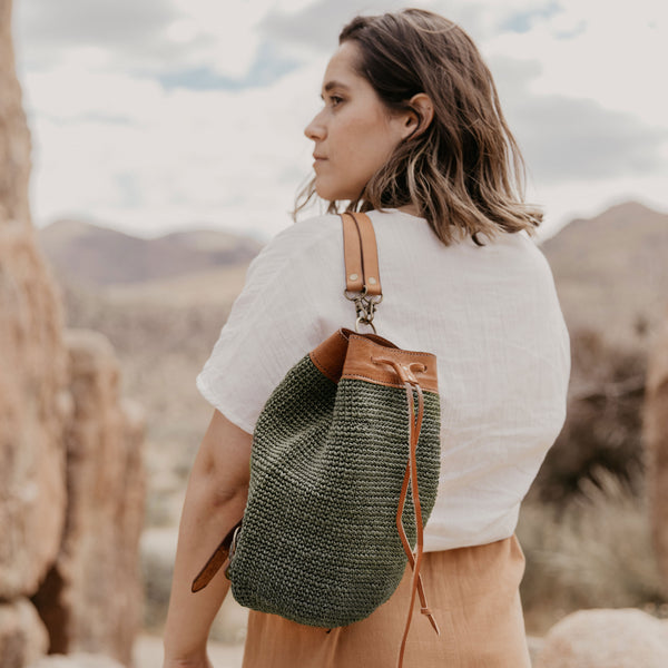 Made by Minga | Women's Woven Mini Backpack with Adjustable Leather Strap | Orange