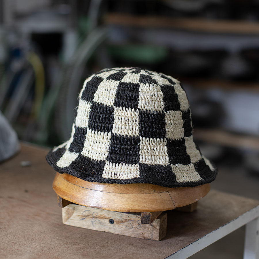 Made by Minga | Black + White Crochet Checkered Bucket Hat | Handmade S/M