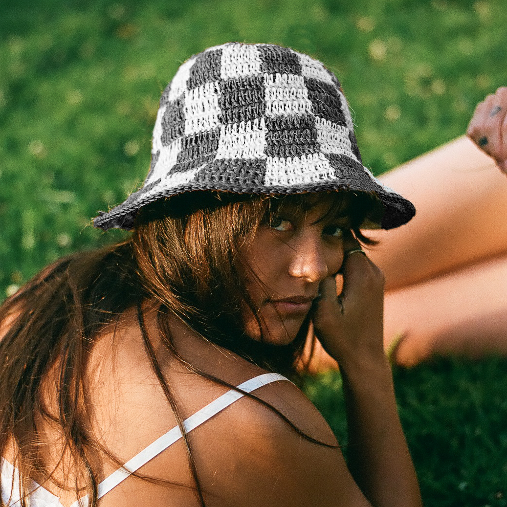 Made by Minga | Black + White Crochet Checkered Bucket Hat | Handmade S/M