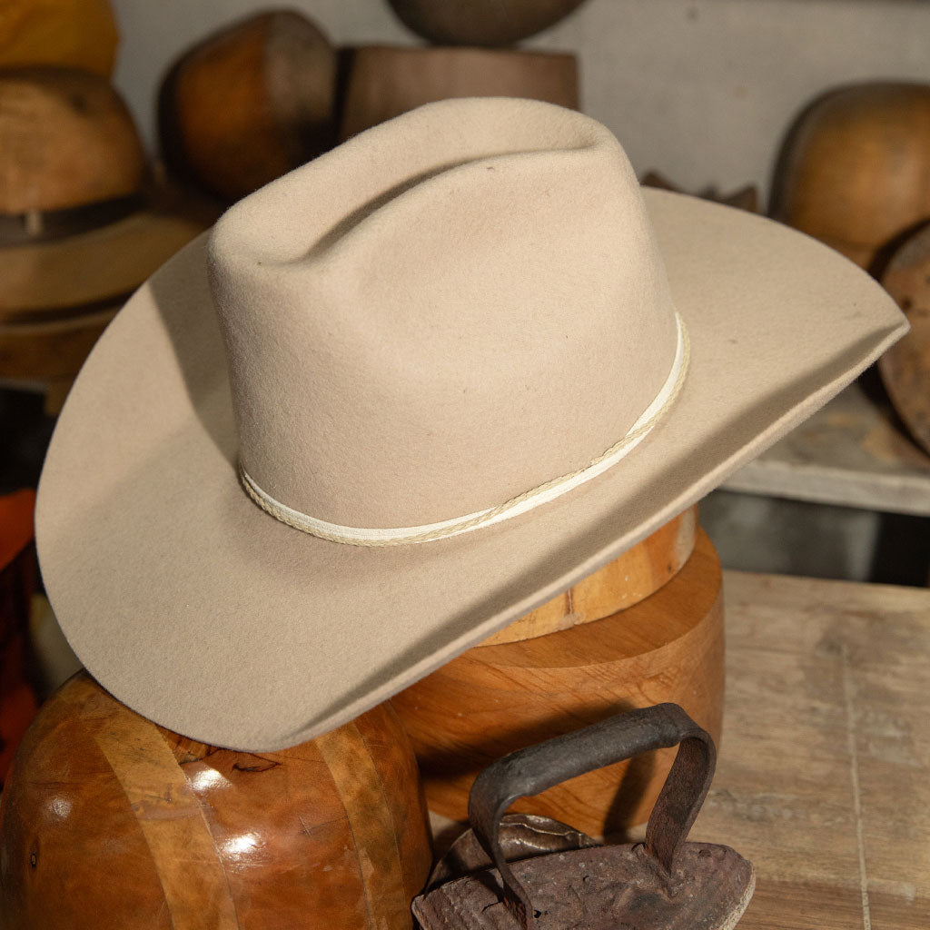 Made by Minga | Vintage-Inspired Tall Cowboy Hat with Leather Tie | Handmade | Taupe | Straw S (54 cm)