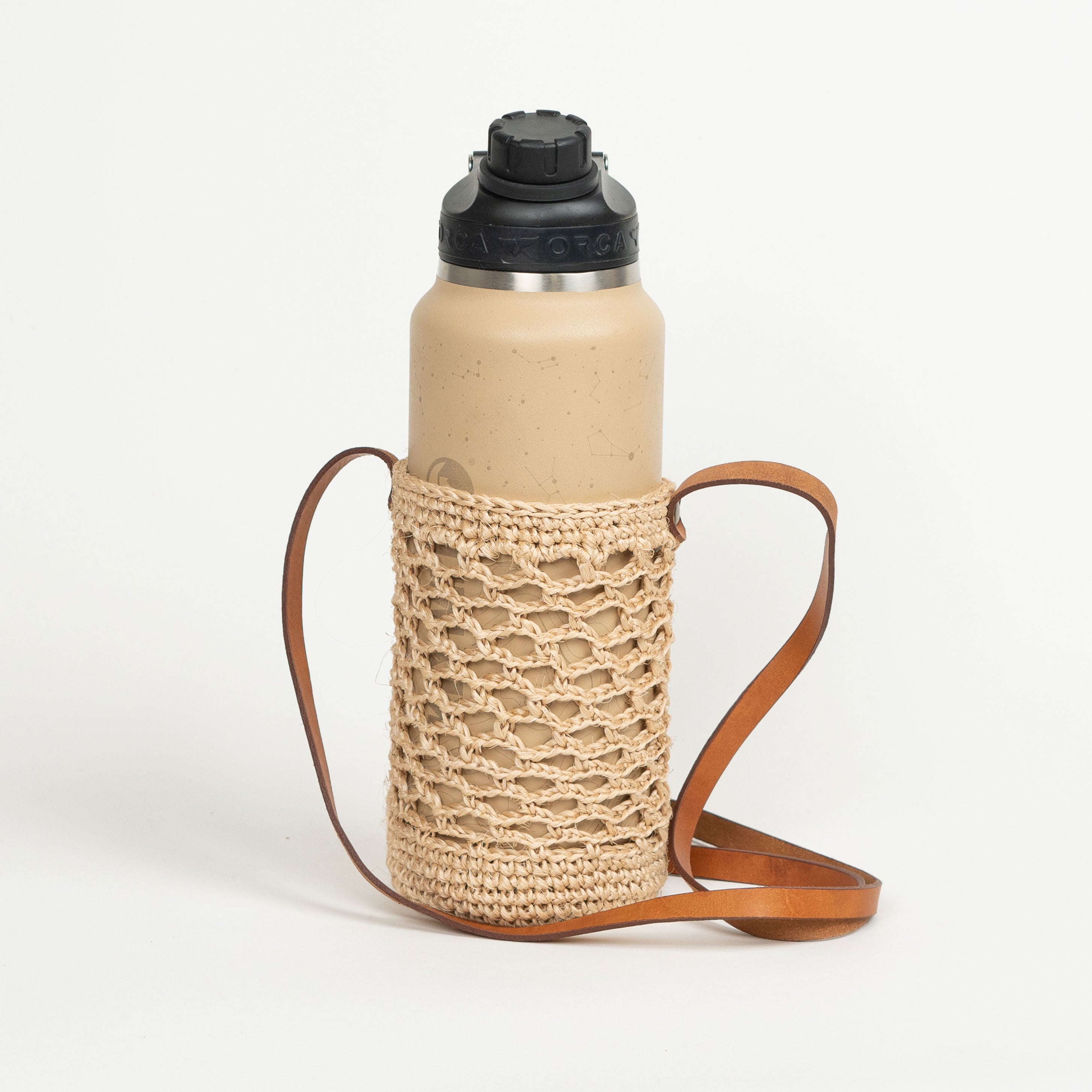 Made by Minga, Woven Water Bottle Holder with Leather Strap